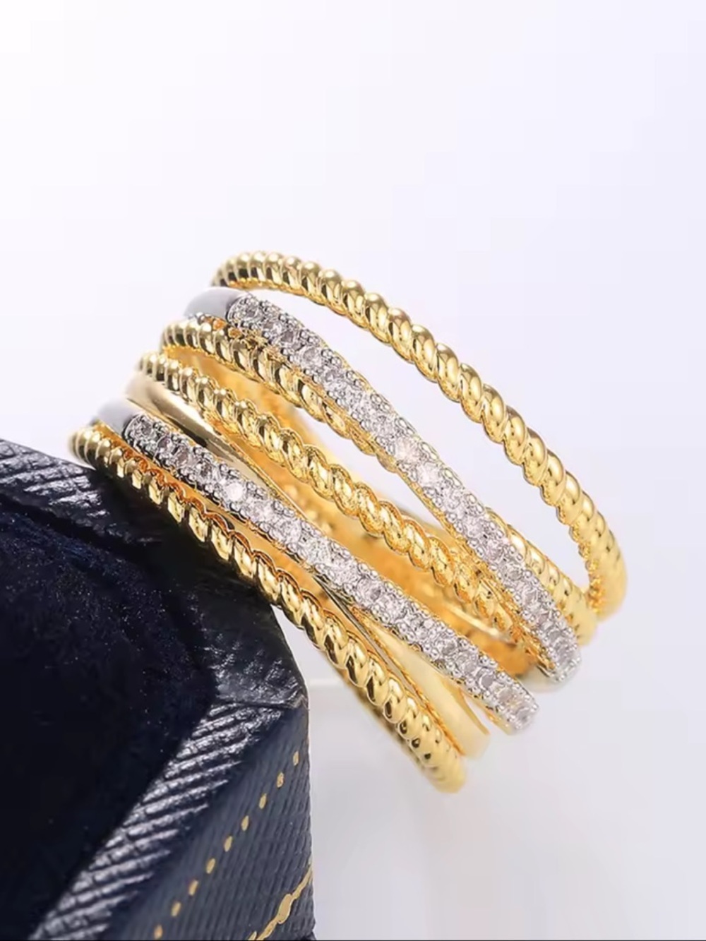 Gold Silver Multi-Row Twisted Band Ring - Women Jewelry